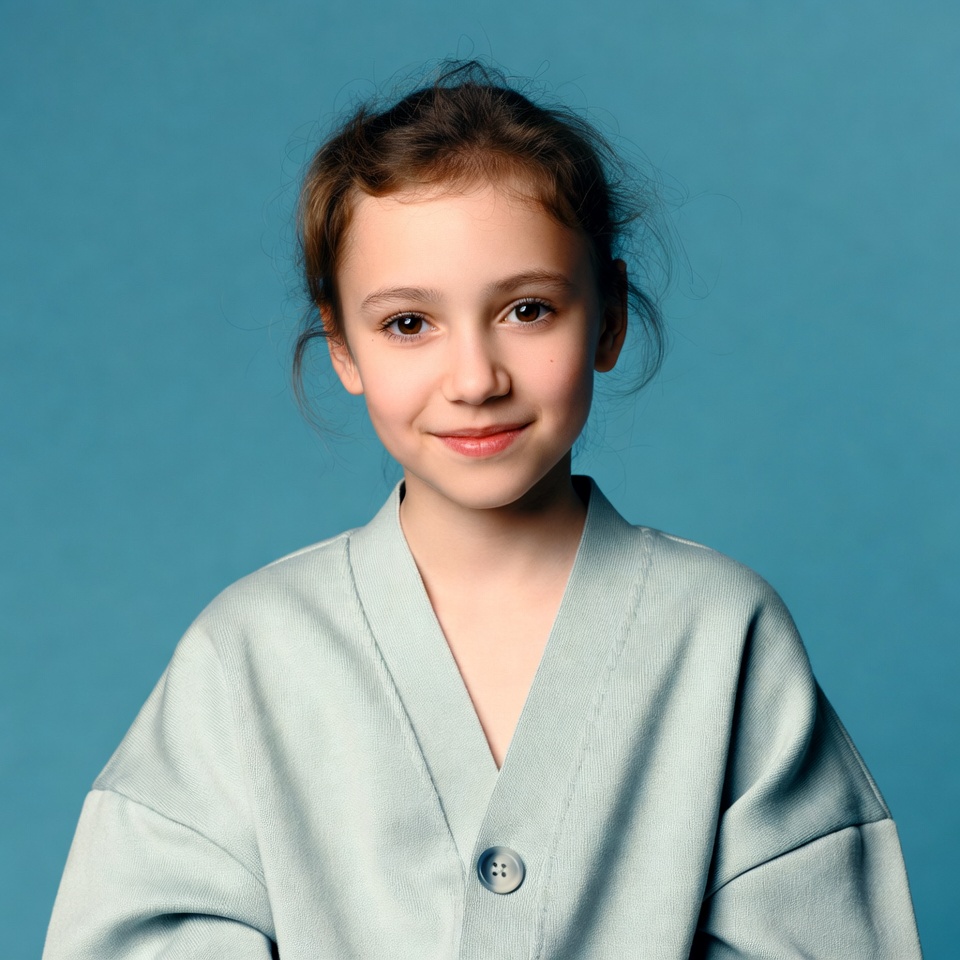 Girl smiling in light blue cardigan Girl smiling in light blue cardigan