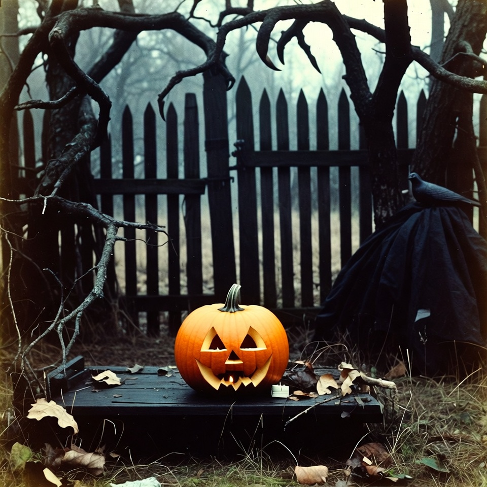 Jack-o'-lantern at haunted fence gate Jack-o'-lantern at haunted fence gate