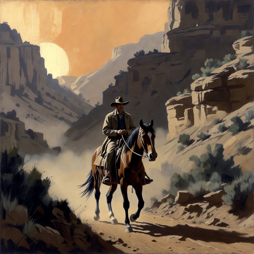 Cowboy riding horse in canyon sunset Cowboy riding horse in canyon sunset