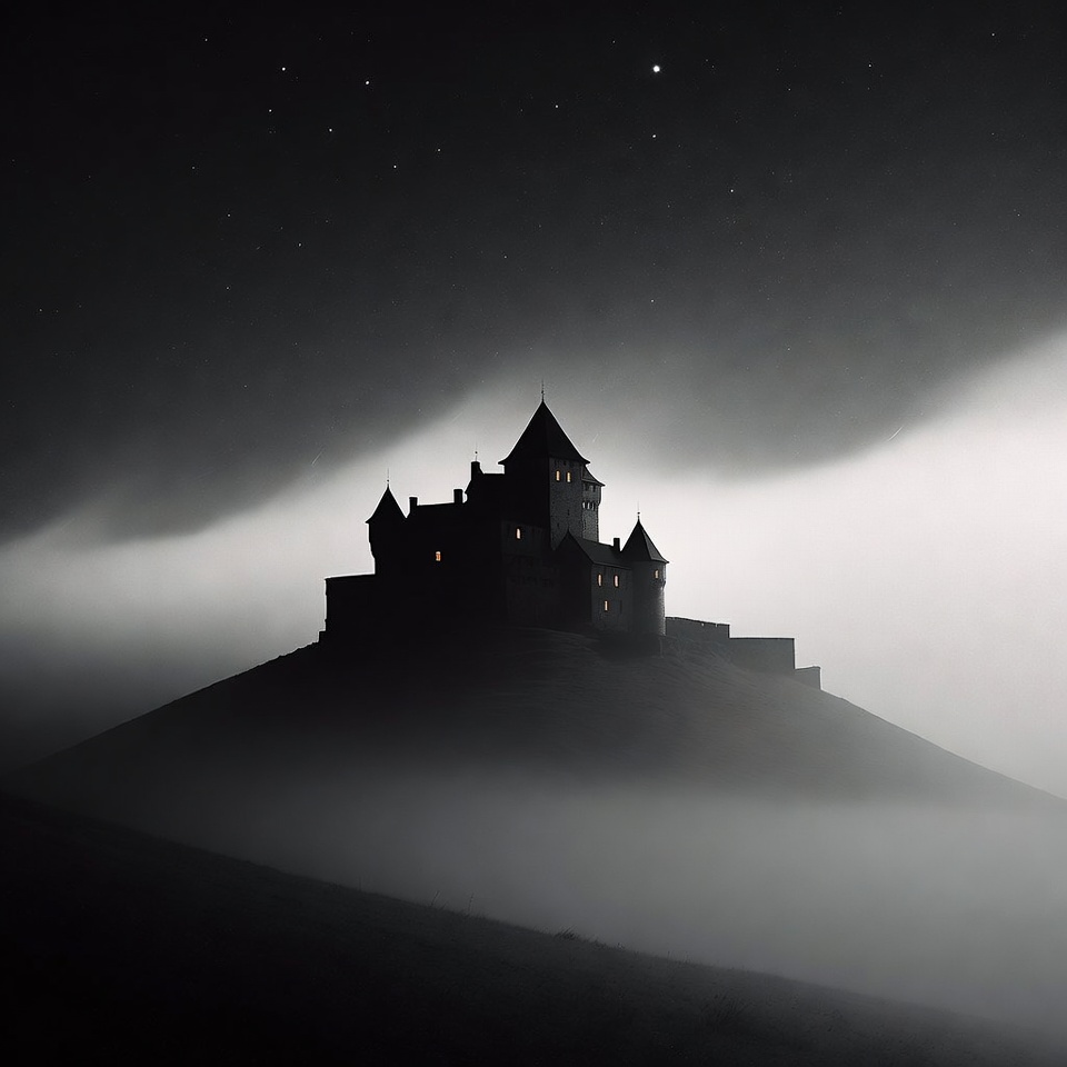 Silhouette Castle on Hill in Foggy Night Silhouette Castle on Hill in Foggy Night