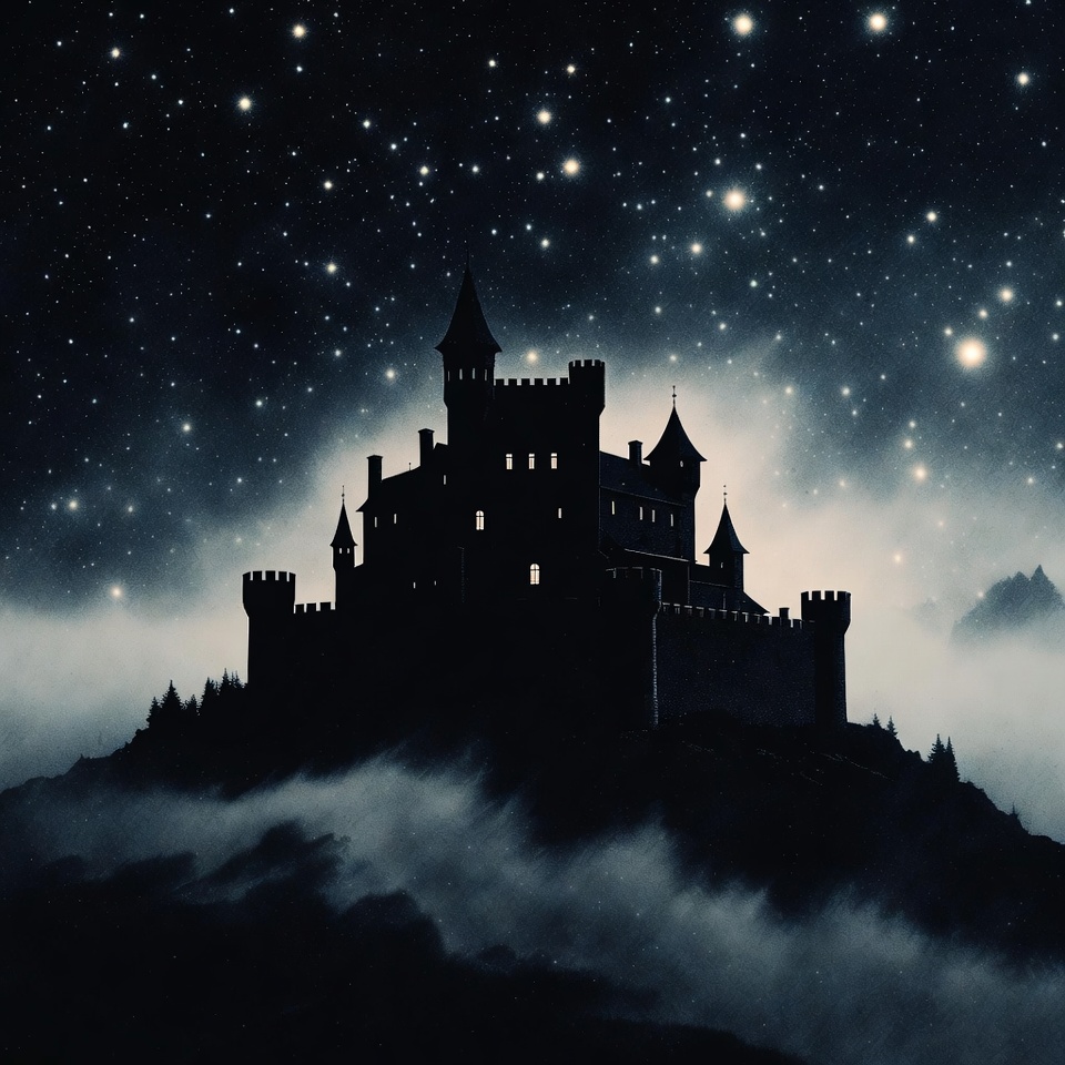 Silhouette Castle on Mountain in Starry Night Silhouette Castle on Mountain in Starry Night