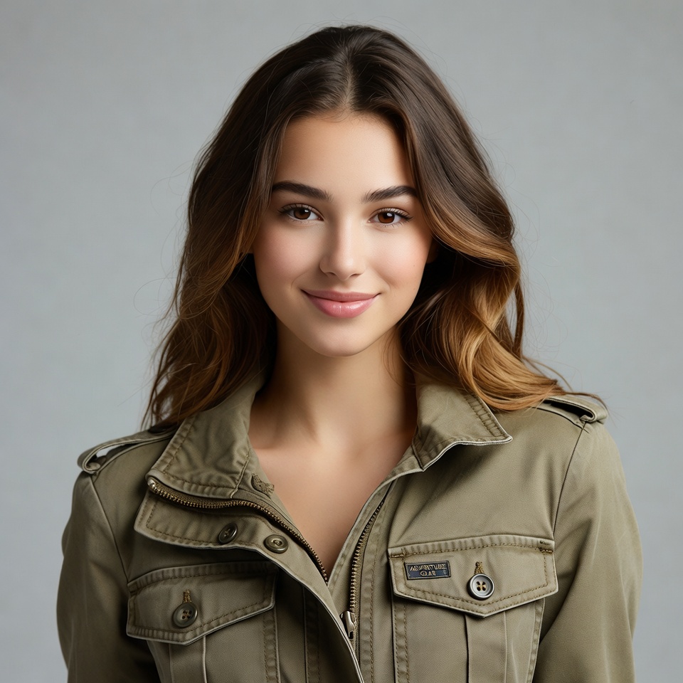 Young woman in green jacket smiling Young woman in green jacket smiling