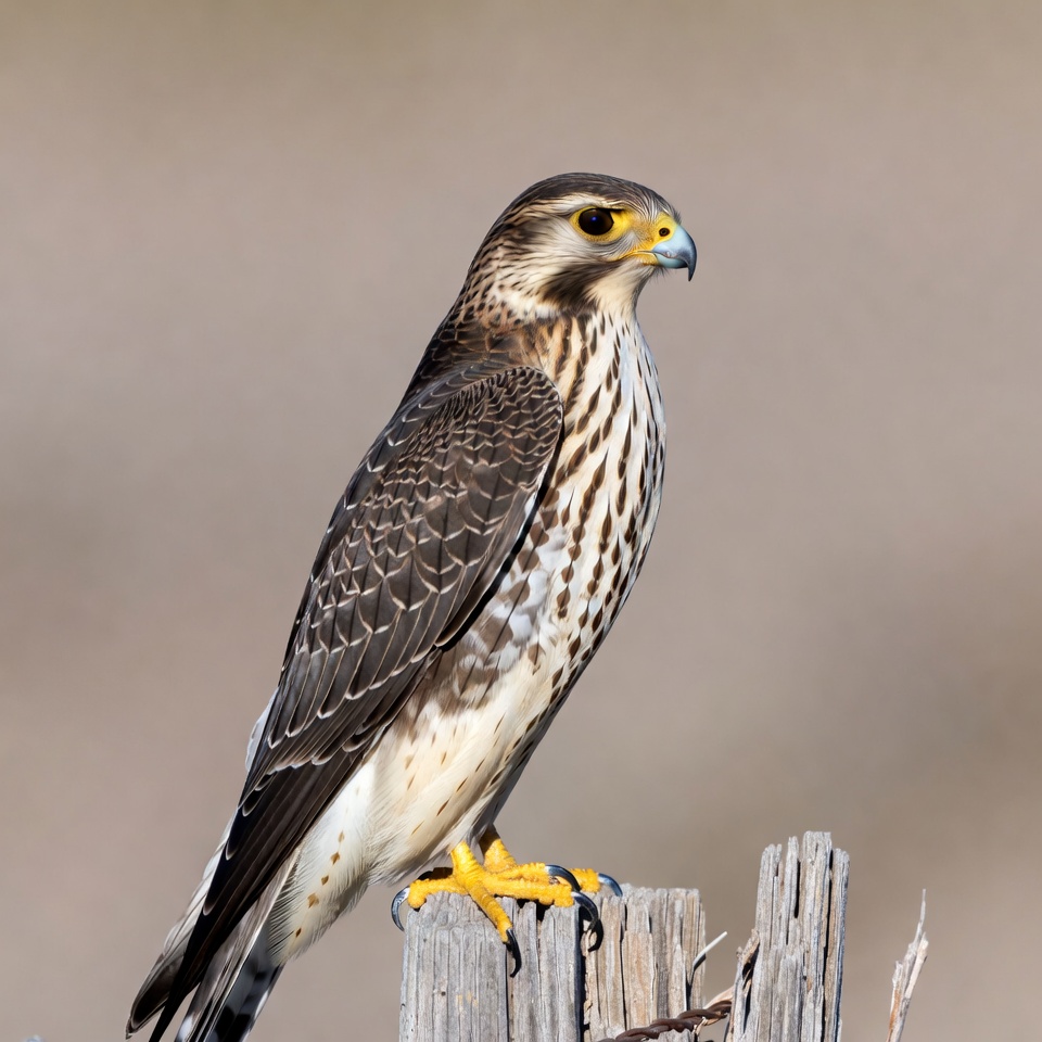 Falcon perched on wooden post Falcon perched on wooden post