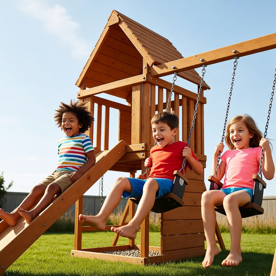 Children Playing on Wooden Playground Children Playing on Wooden Playground