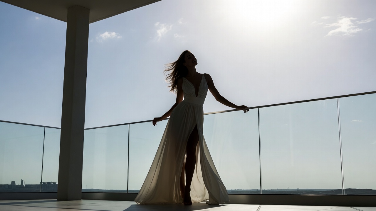 Woman in flowing gown on balcony silhouette Woman in flowing gown on balcony silhouette