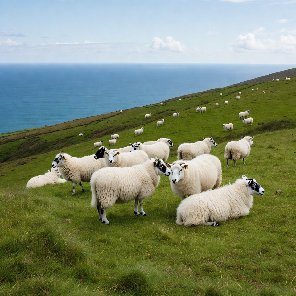 Sheep grazing on green hill by ocean Sheep grazing on green hill by ocean