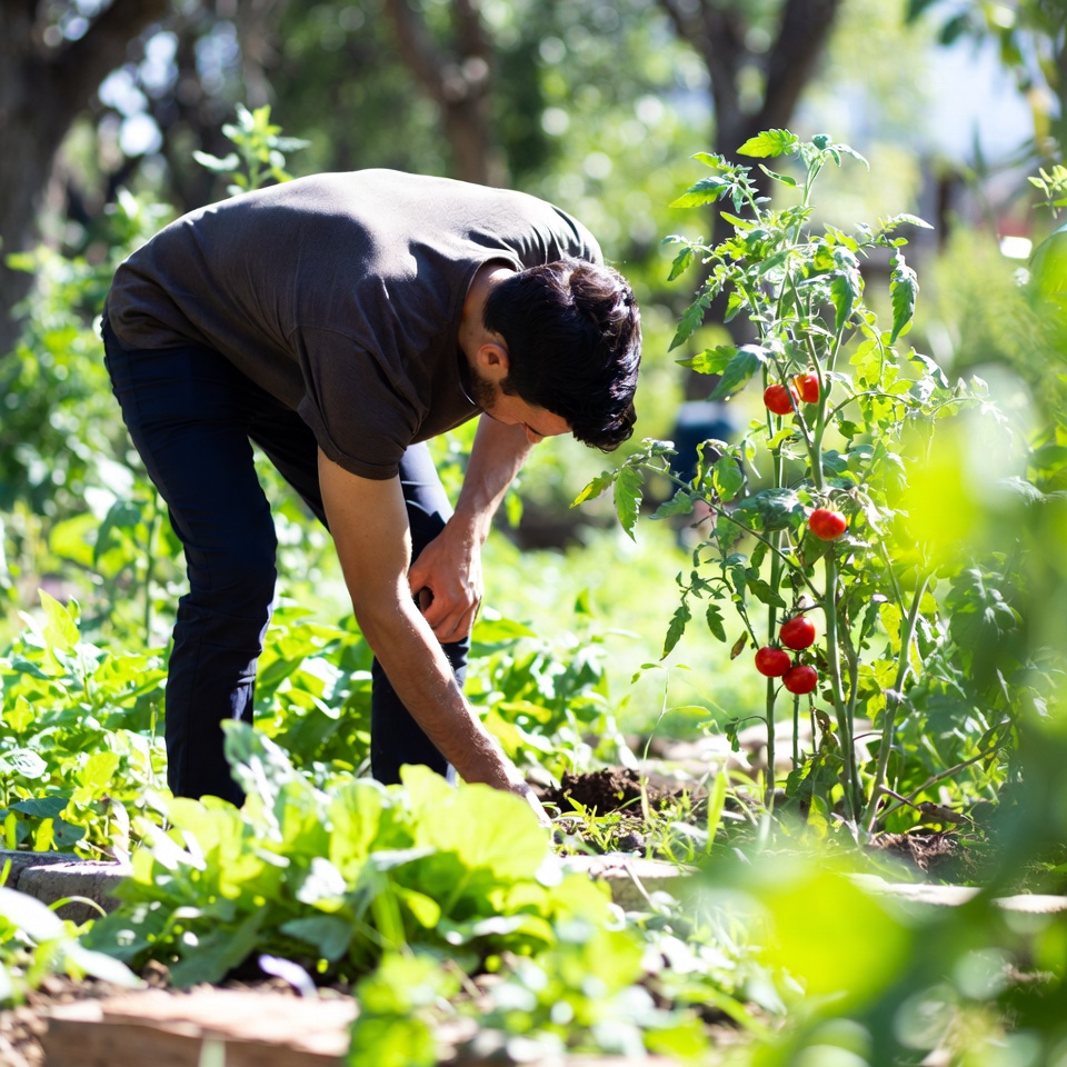 Man gardening tomatoes in vegetable garden Man gardening tomatoes in vegetable garden