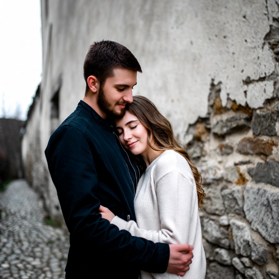 Couple embracing against stone wall Couple embracing against stone wall