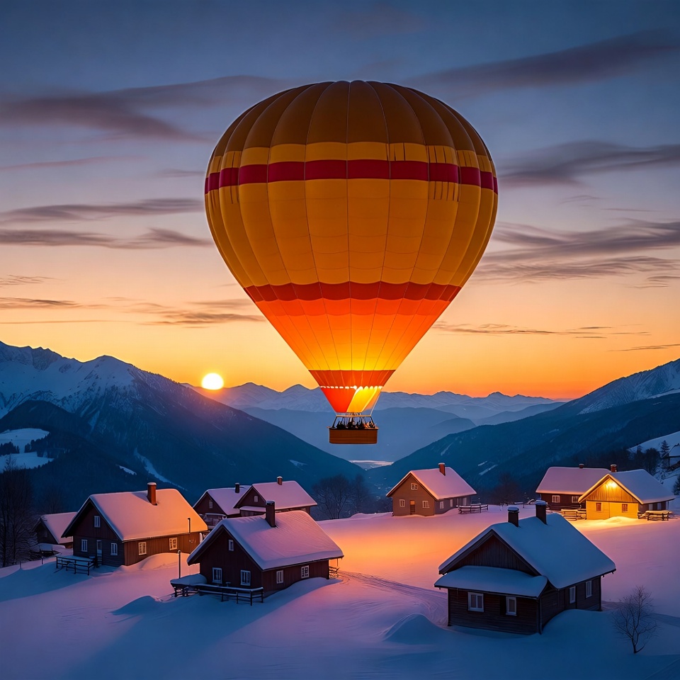 Hot Air Balloon Over Snowy Mountain Village Hot Air Balloon Over Snowy Mountain Village