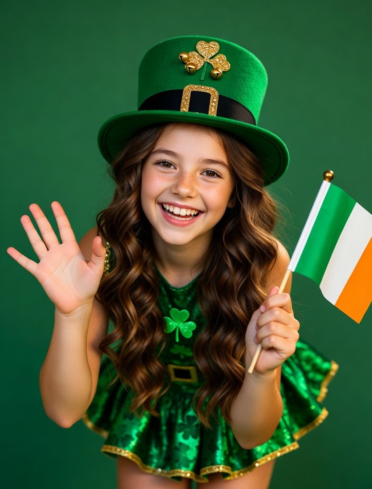 Girl in green leprechaun hat waving Irish flag Girl in green leprechaun hat waving Irish flag