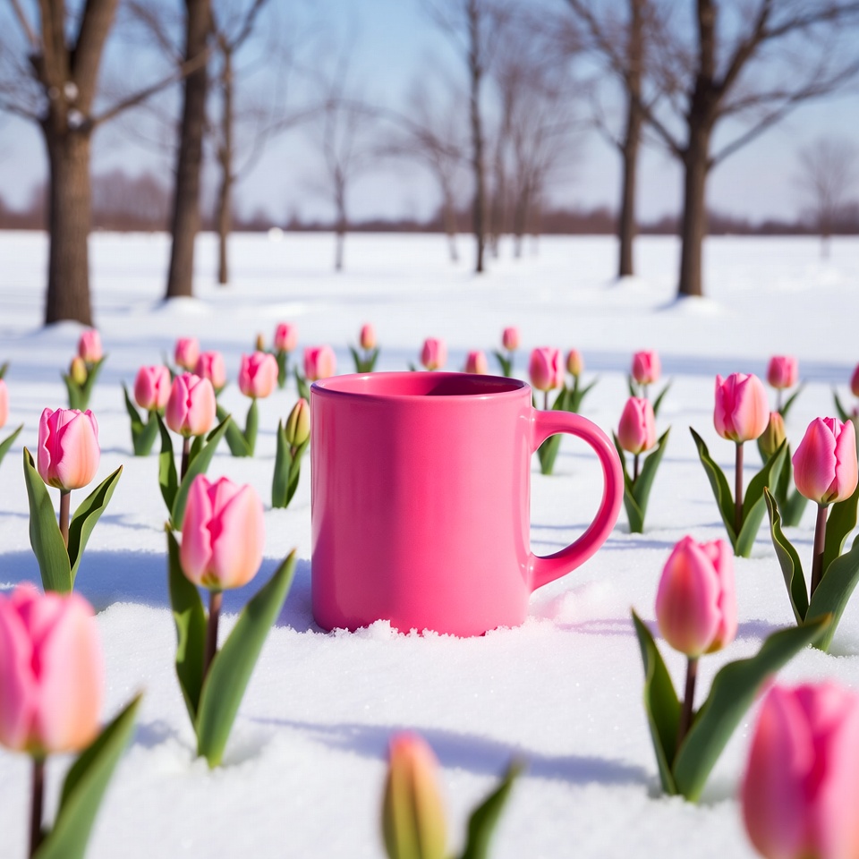 Pink Mug Surrounded by Tulips in Snow Pink Mug Surrounded by Tulips in Snow