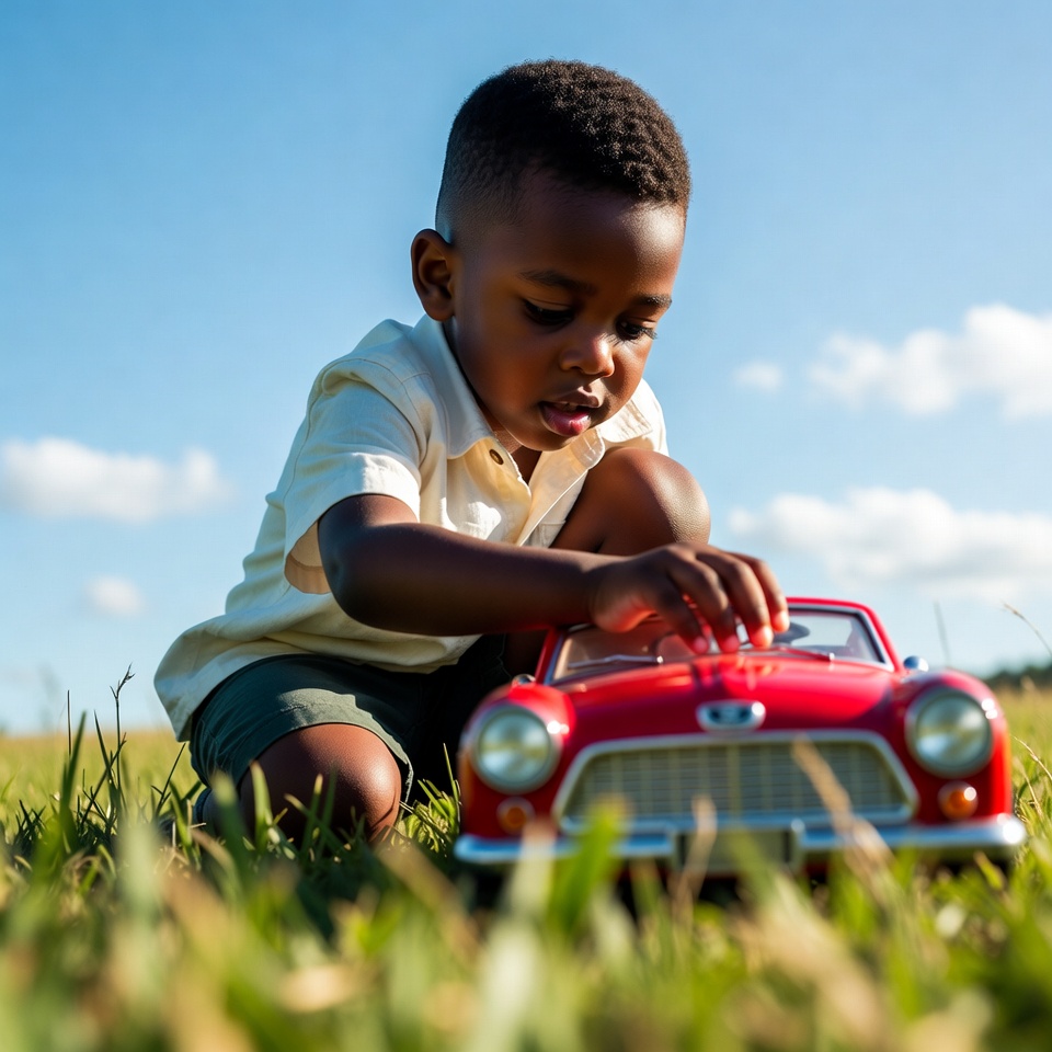 African-American boy playing with toy car African-American boy playing with toy car