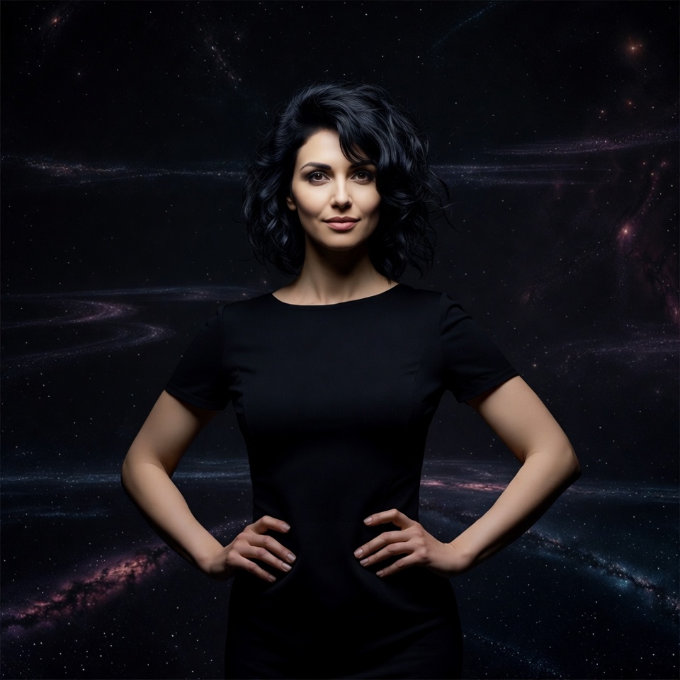 Woman with hands on hips in space Woman with hands on hips in space