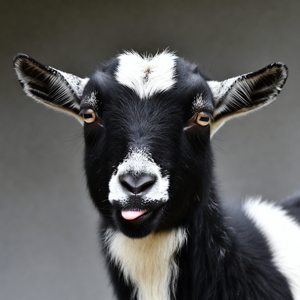 Black and white goat sticking tongue out Black and white goat sticking tongue out