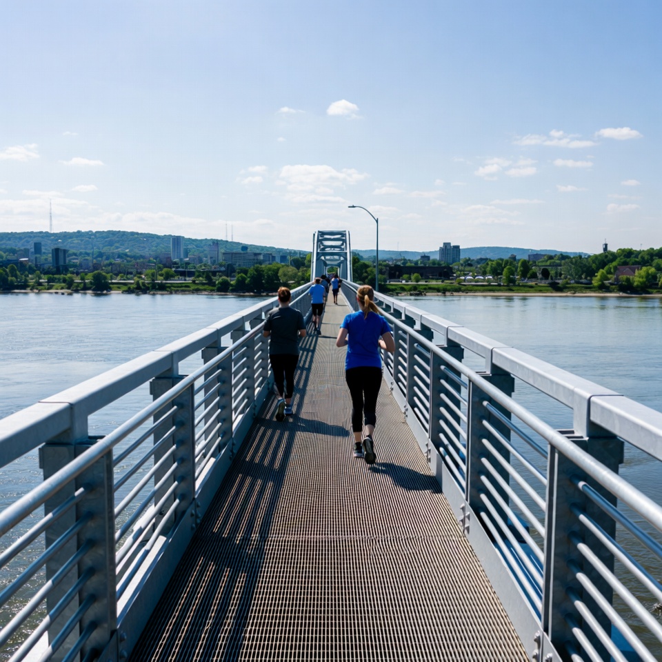 Runners on bridge over river Runners on bridge over river