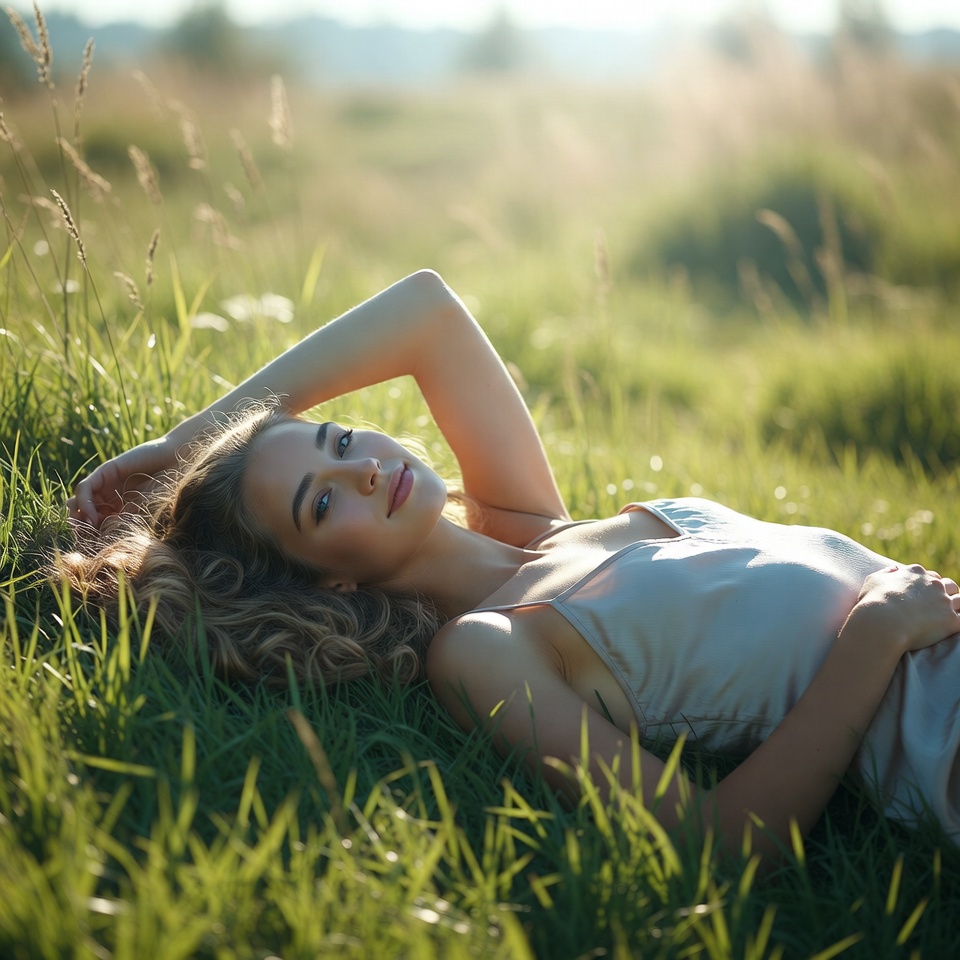 Woman lying in green grass field Woman lying in green grass field