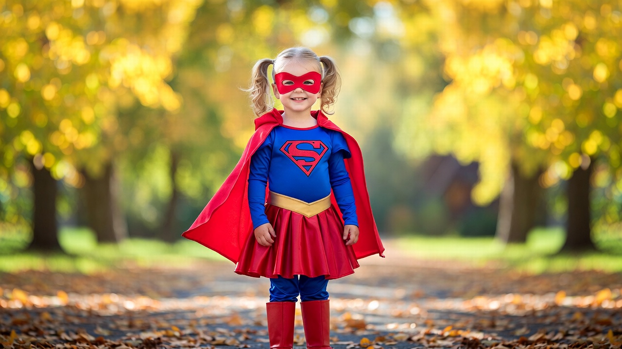 Girl in Superman costume autumn path Girl in Superman costume autumn path
