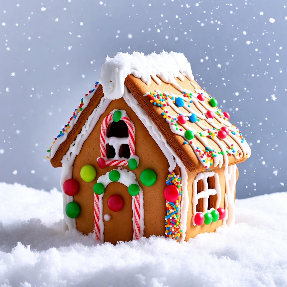 Gingerbread house covered in snow Gingerbread house covered in snow