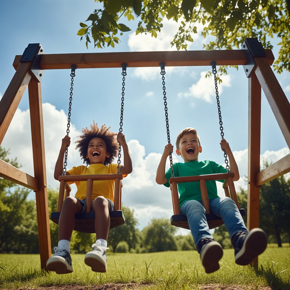 Black girl and white boy swinging Black girl and white boy swinging