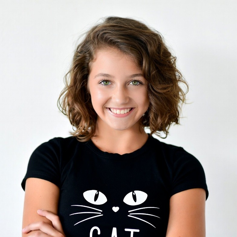 Girl smiling in cat t-shirt Girl smiling in cat t-shirt