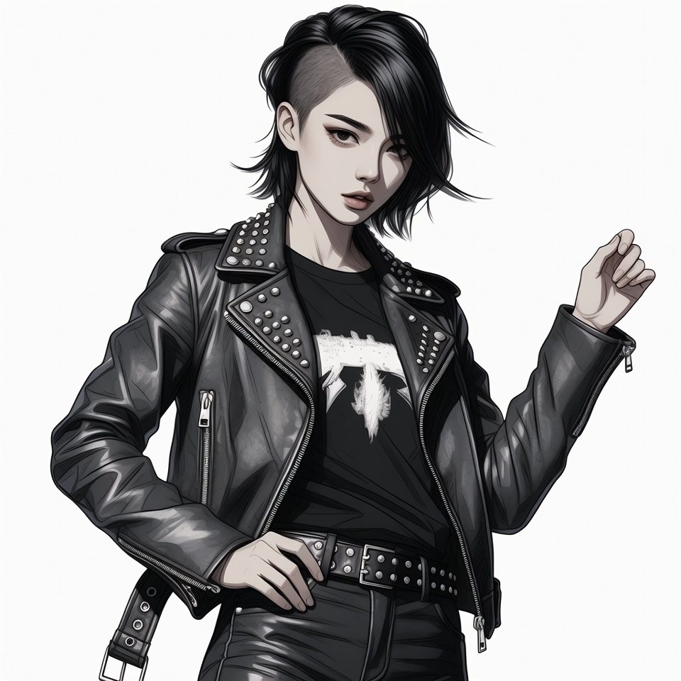 Undercut Asian woman in leather jacket Undercut Asian woman in leather jacket