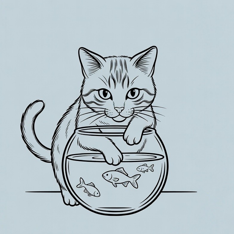 Cat peering into fishbowl illustration Cat peering into fishbowl illustration