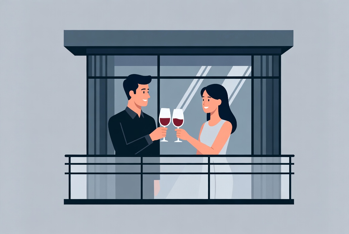 Couple toasting wine glasses on balcony Couple toasting wine glasses on balcony
