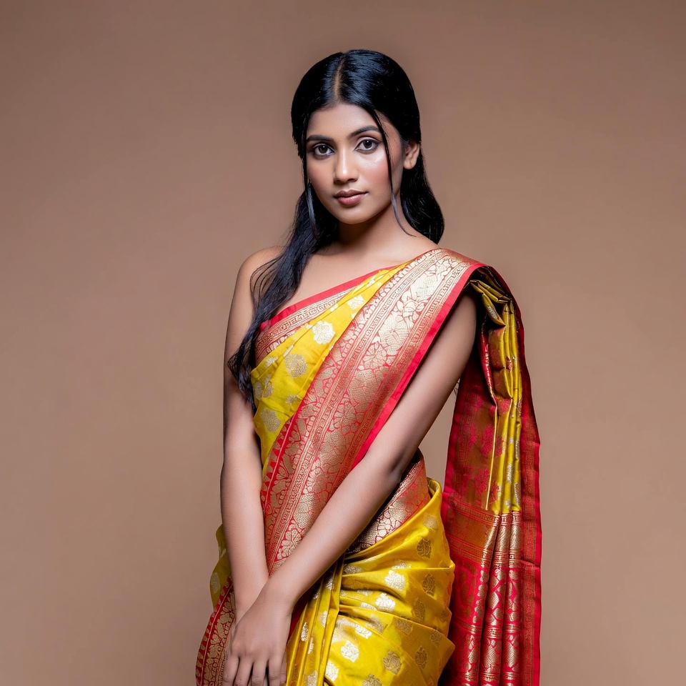Indian woman in yellow silk saree Indian woman in yellow silk saree