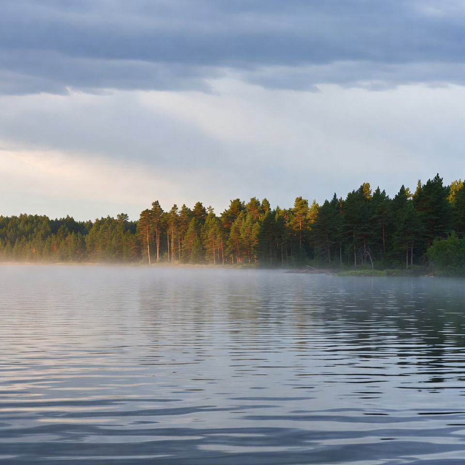 Misty lake with pine forest Misty lake with pine forest
