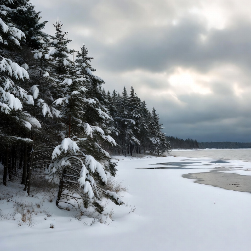 Snowy Pine Trees by Frozen Lake Snowy Pine Trees by Frozen Lake