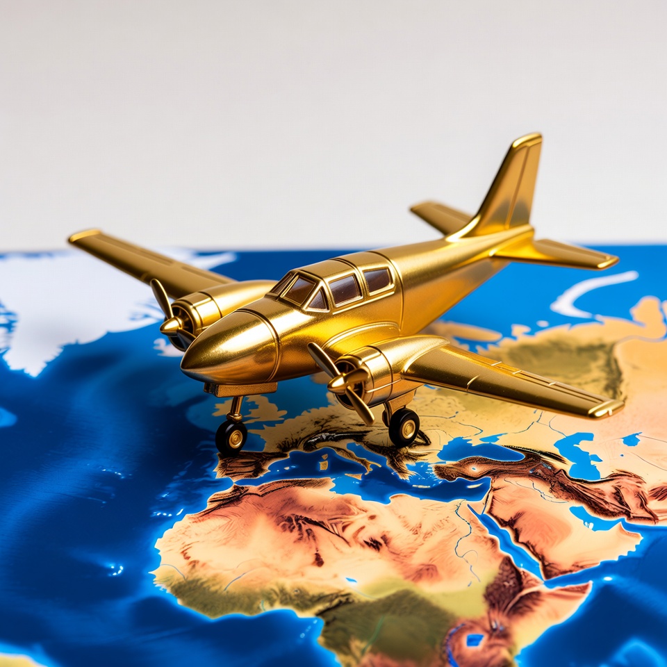 Golden Toy Airplane on World Map Golden Toy Airplane on World Map