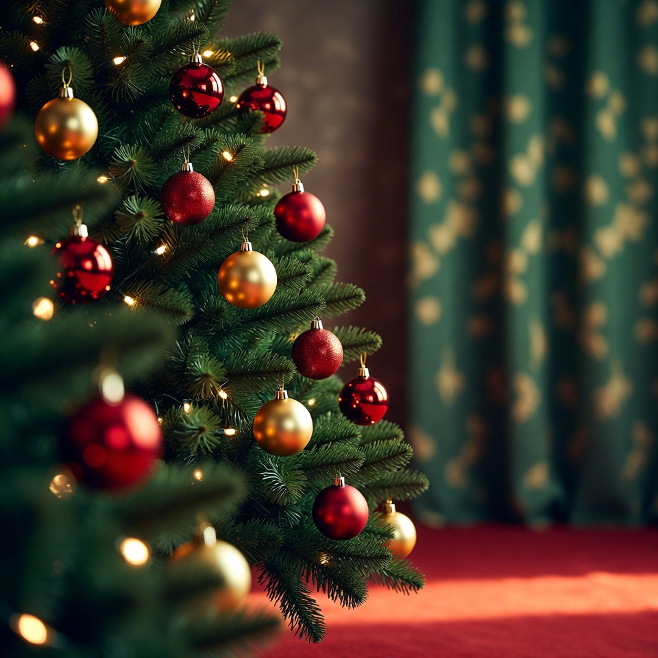 Lit Christmas Tree with Red Gold Ornaments Lit Christmas Tree with Red Gold Ornaments