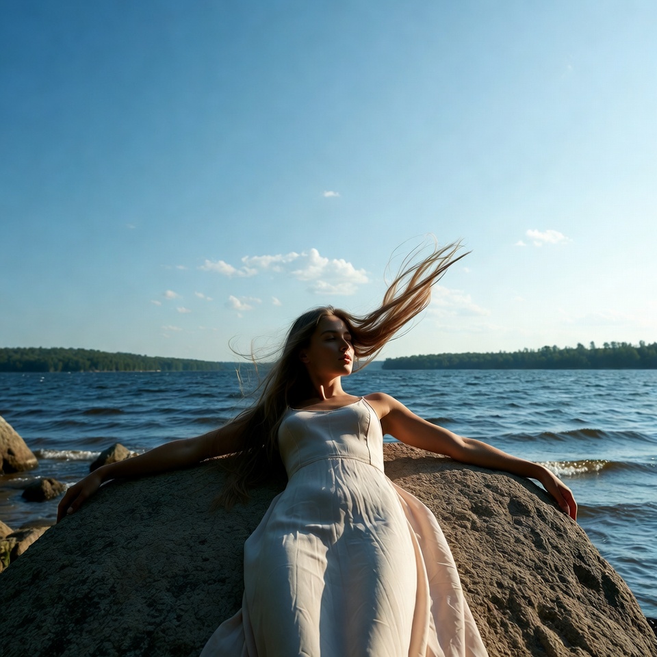Woman lying on rock by lake Woman lying on rock by lake