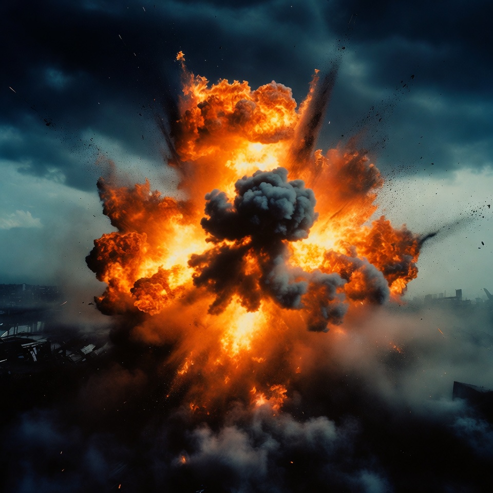 Massive fiery explosion in stormy sky Massive fiery explosion in stormy sky
