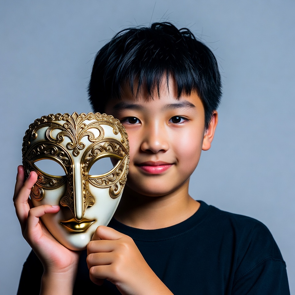 Asian boy holding gold ornate mask Asian boy holding gold ornate mask