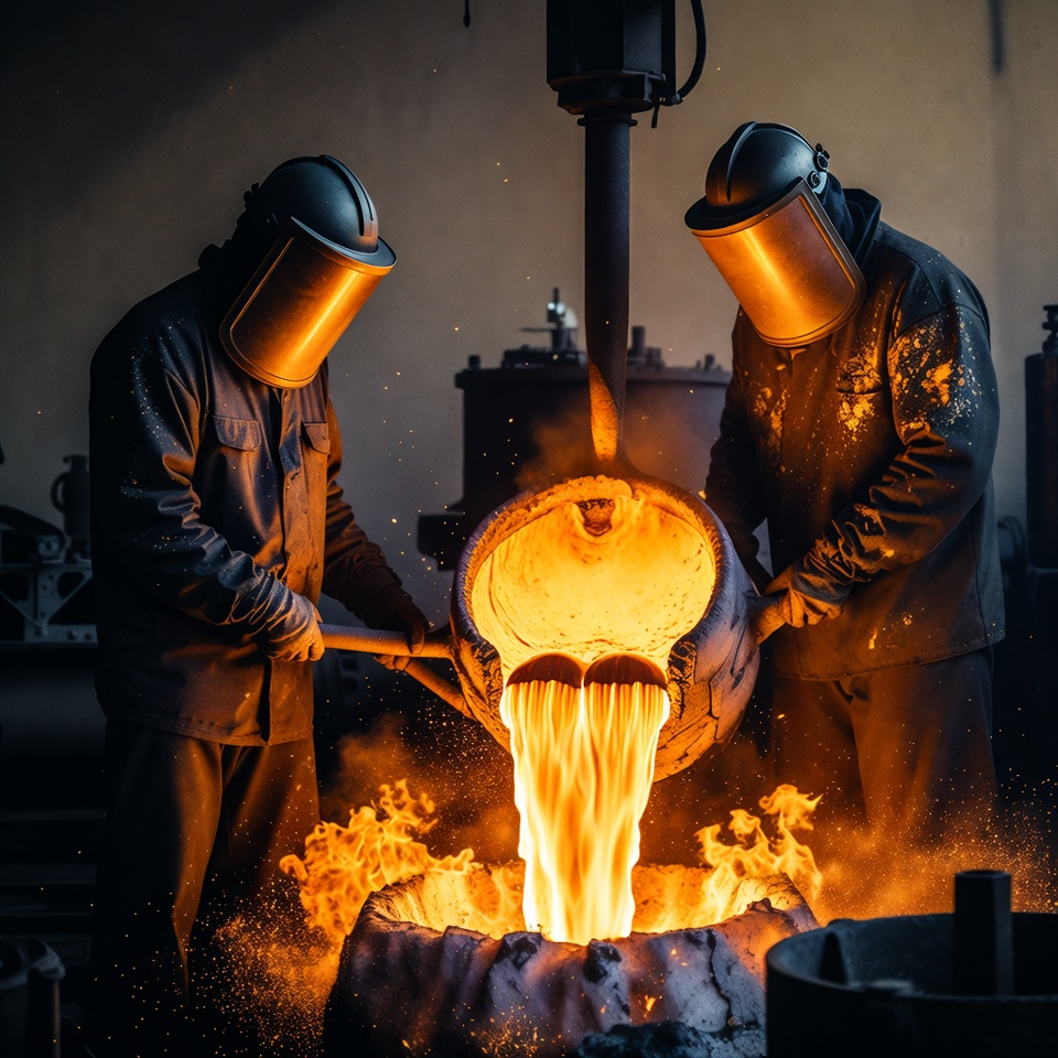 Two workers pouring molten metal Two workers pouring molten metal