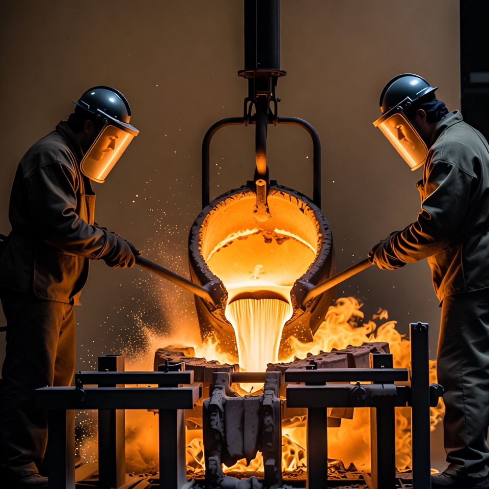 Workers Pouring Molten Metal Foundry Workers Pouring Molten Metal Foundry
