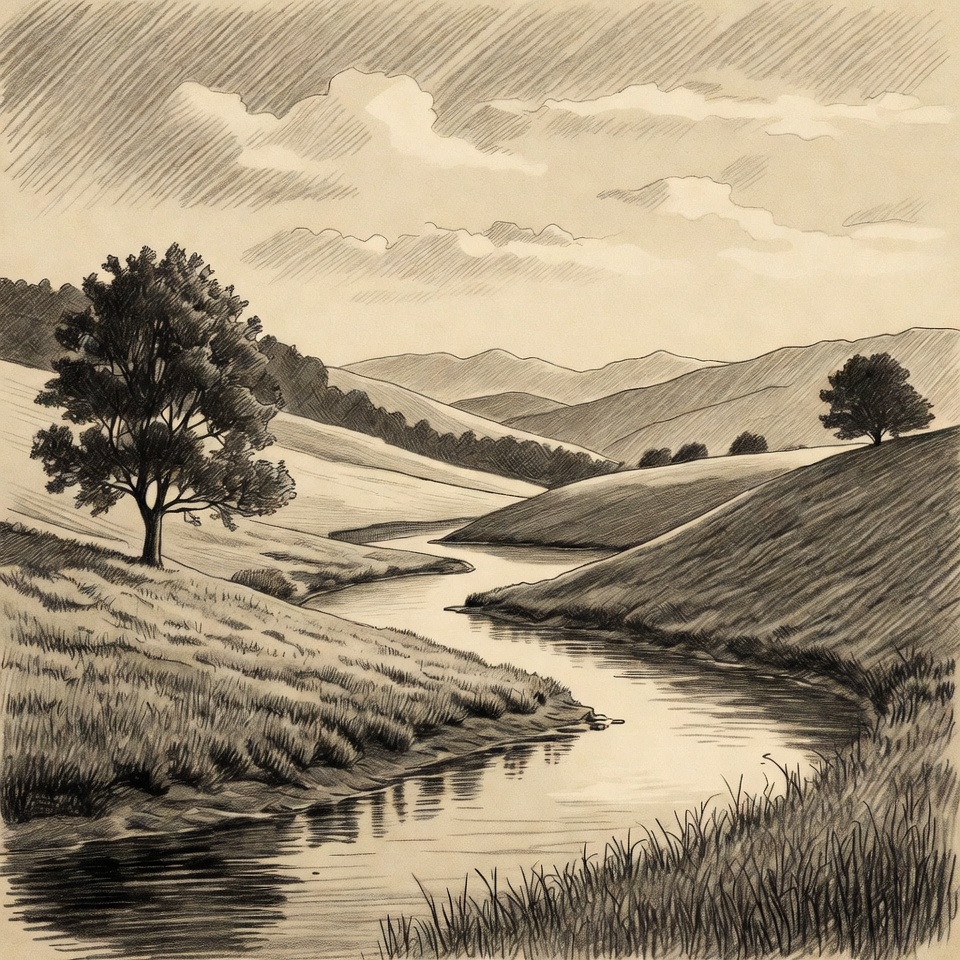 Scenic River Valley Landscape Drawing Scenic River Valley Landscape Drawing