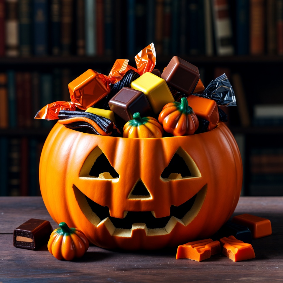 Jack-o'-lantern Candy Bowl on Bookshelf Jack-o'-lantern Candy Bowl on Bookshelf
