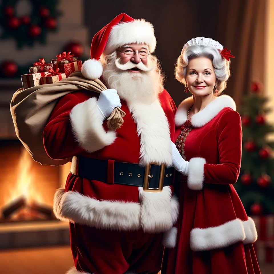 Santa Claus and Mrs. Claus with gifts Santa Claus and Mrs. Claus with gifts
