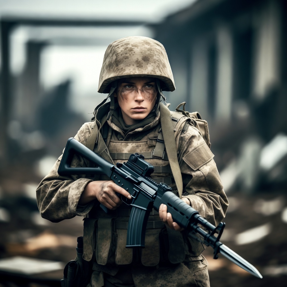 Female soldier with rifle in ruins Female soldier with rifle in ruins