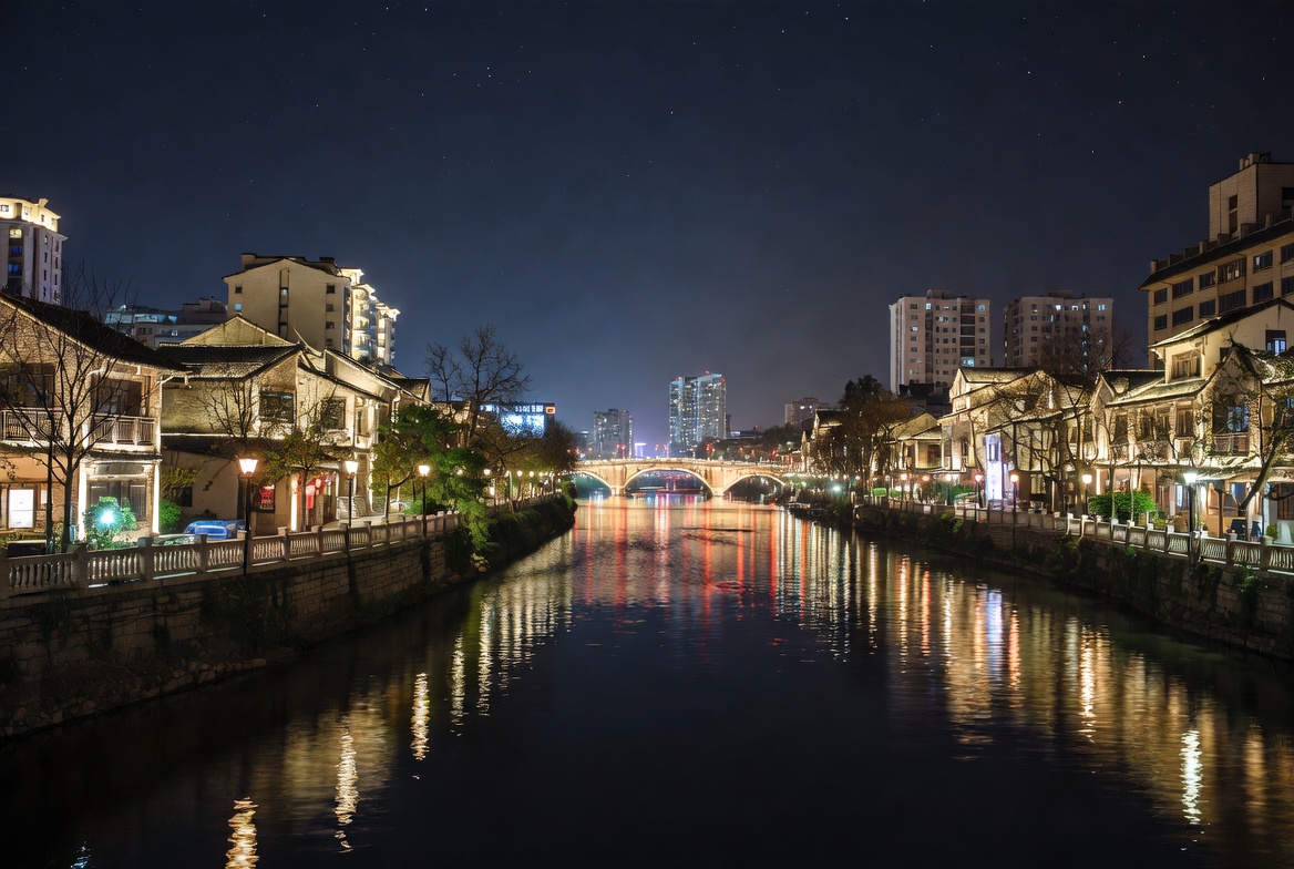 Night Bridge Over Lit Canal Night Bridge Over Lit Canal