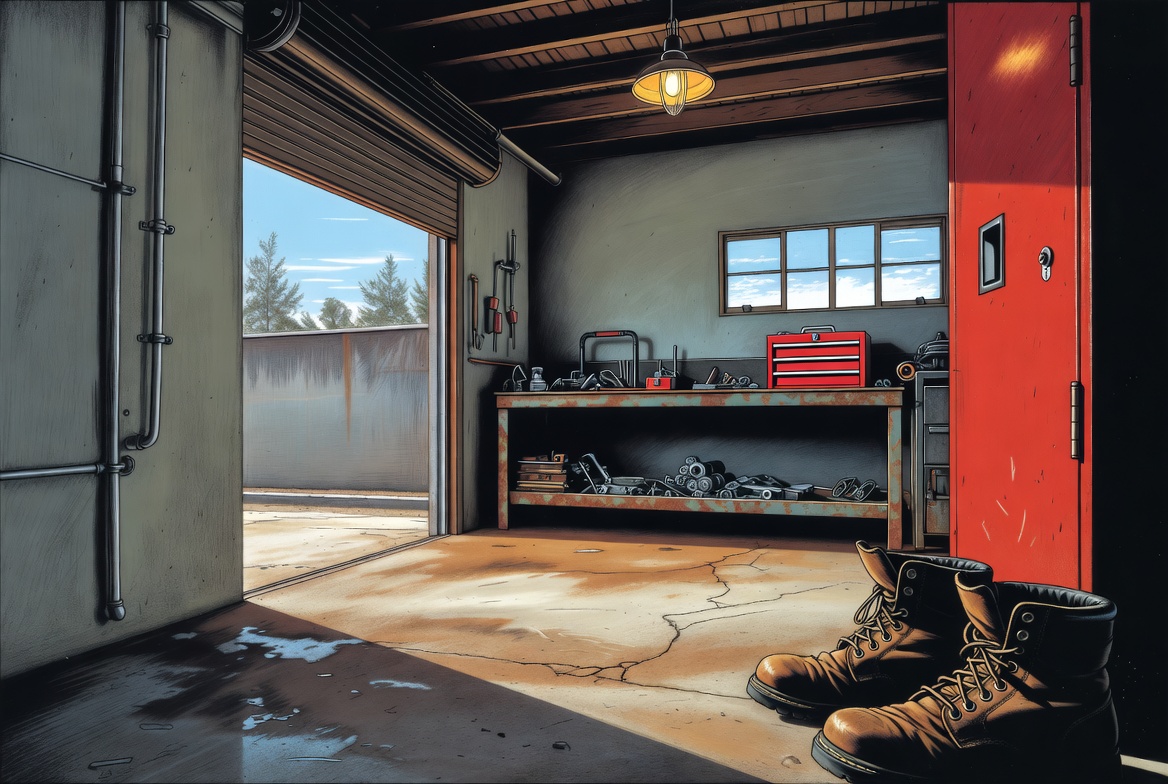 Work Boots in Garage Workshop Work Boots in Garage Workshop