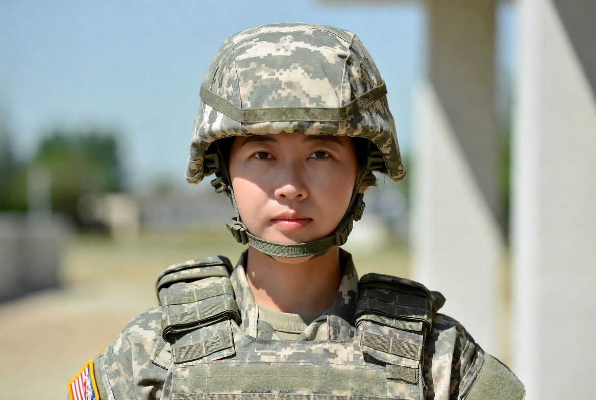 Asian woman in camouflage helmet Asian woman in camouflage helmet