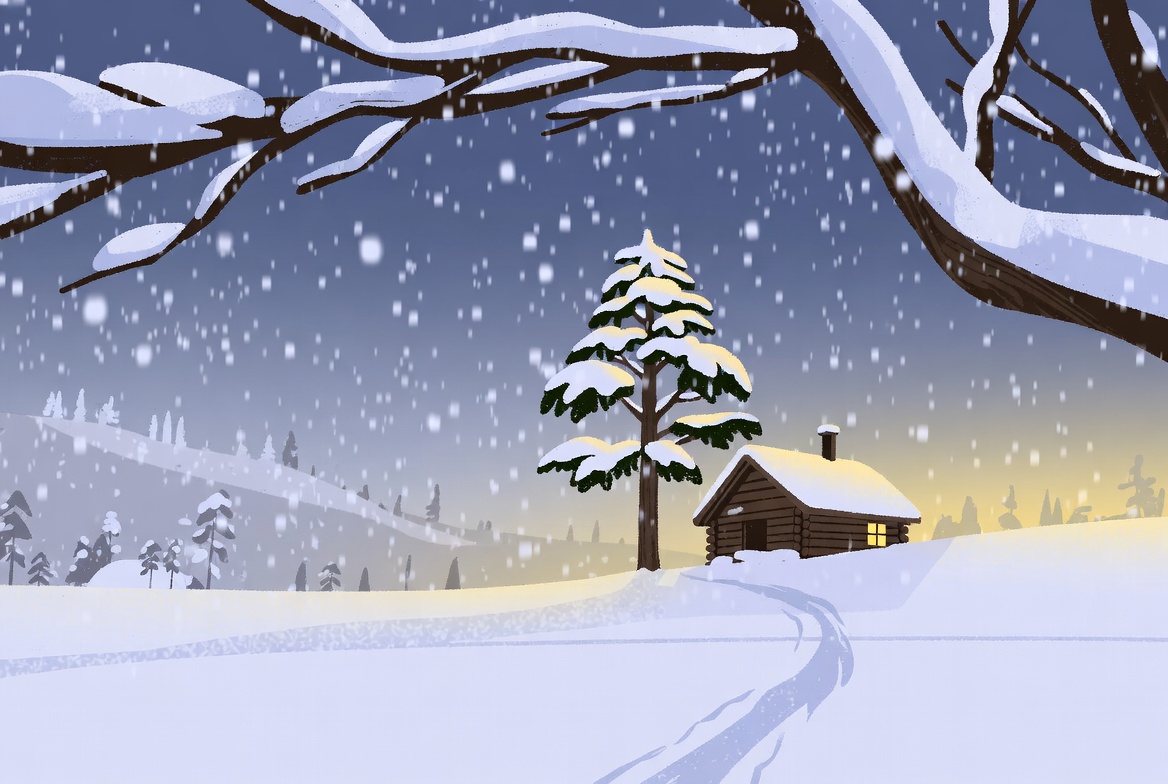 Snowy Cabin with Pine Tree Snowy Cabin with Pine Tree