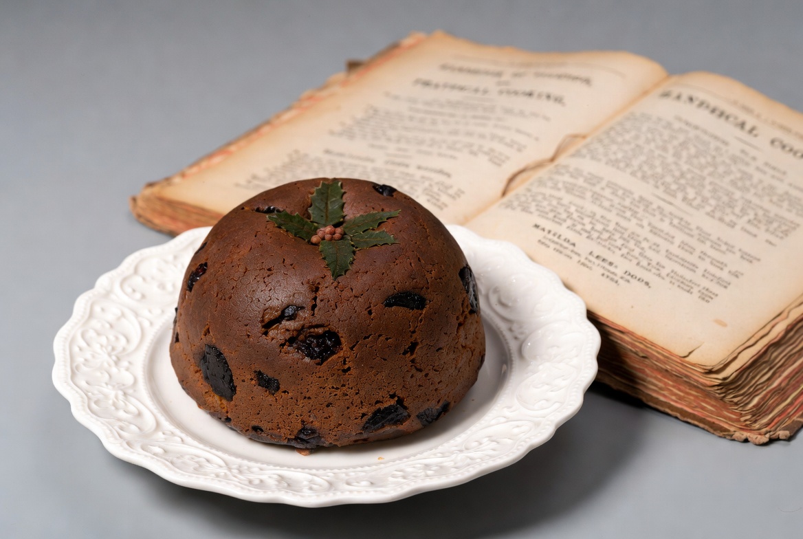 Christmas Pudding with Marijuana Leaf on Antique Book Christmas Pudding with Marijuana Leaf on Antique Book