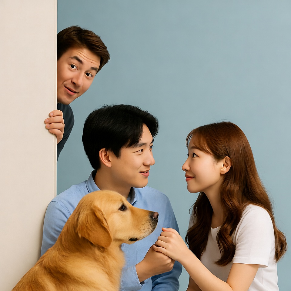 Man and woman petting golden retriever Man and woman petting golden retriever