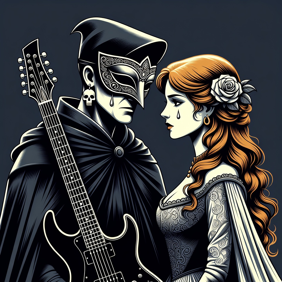 Masked man with guitar and redhead woman Masked man with guitar and redhead woman