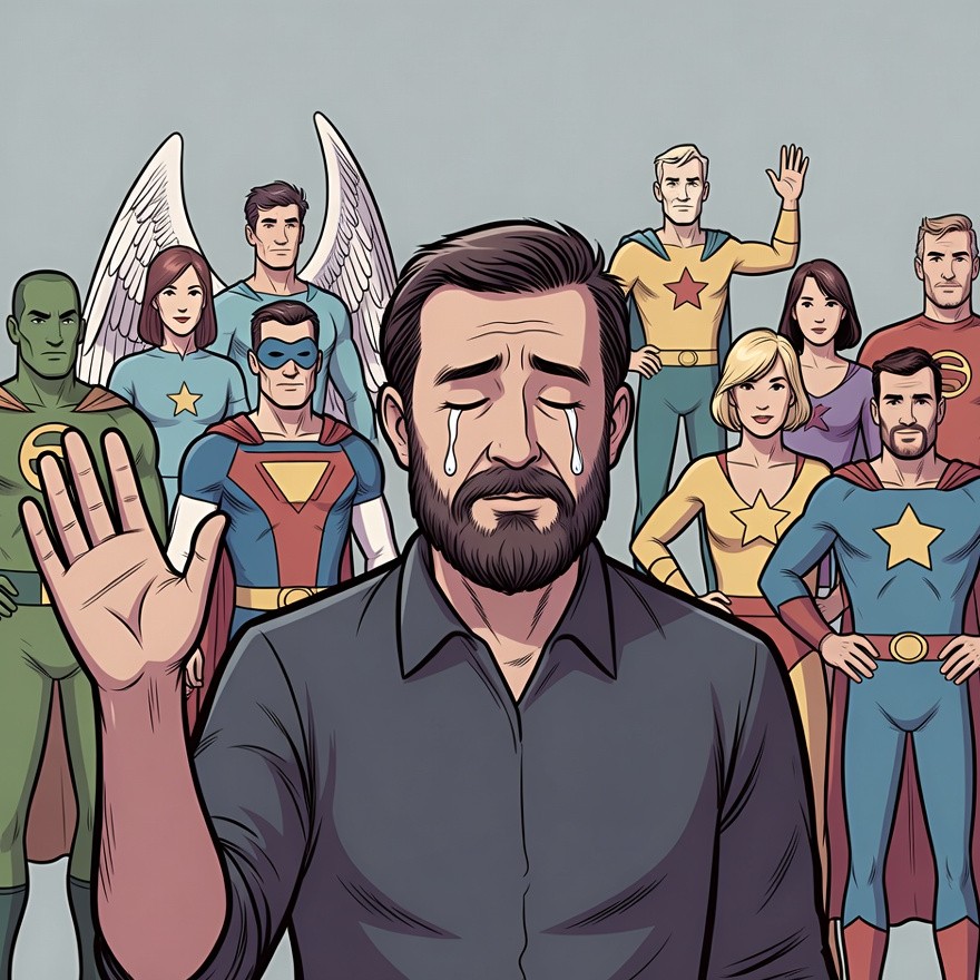 Crying man with superhero team Crying man with superhero team
