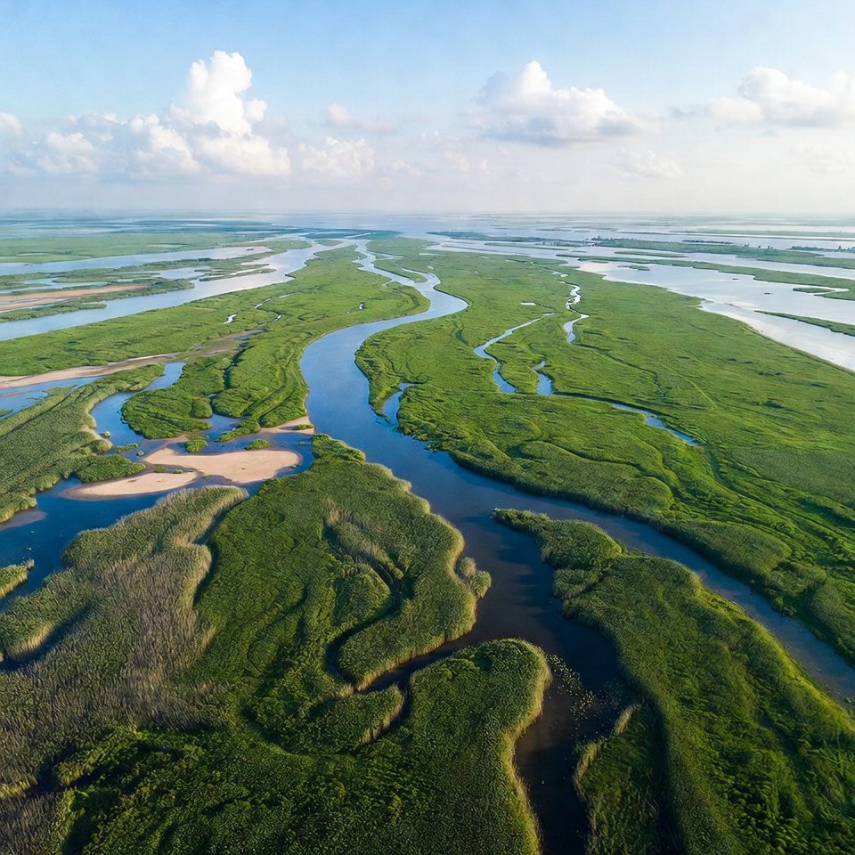 Aerial view of lush green marshlands Aerial view of lush green marshlands